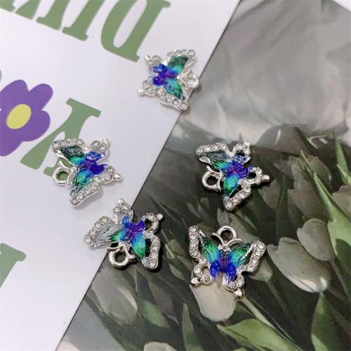 Tibetan Style Animal Pendants, Butterfly, silver color plated, DIY & enamel & with rhinestone, 16x14mm, 100PCs/Bag, Sold By Bag