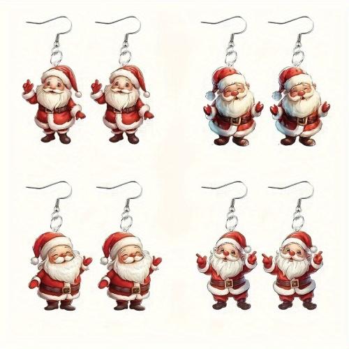 Pendientes de Navidad, Acrílico, Papá Noel, Impresión, Diseño de Navidad & Lindo & para mujer, 4parespareja/Set, Vendido por Set