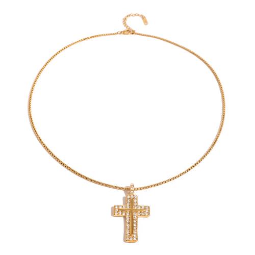 Stainless Steel Jewelry Necklace, 304 Stainless Steel, with 1.96 Inch extender chain, Cross, plated, fashion jewelry & Unisex & micro pave cubic zirconia, golden, Length:19.6 Inch, Sold By PC