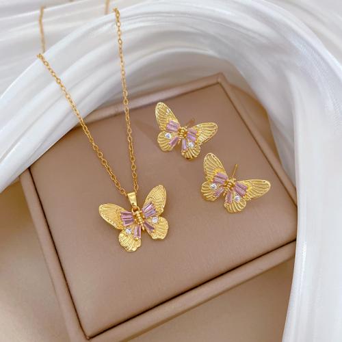 Brass Jewelry Set, with Titanium Steel, Butterfly, plated, different styles for choice & for woman & with rhinestone, golden, Sold By PC