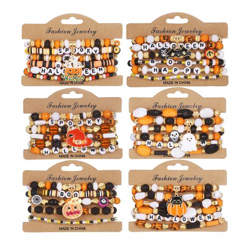 Bracelet d'Halloween, argile de polymère, avec fil élastique & alliage de zinc, Halloween Design & 6 pièces & unisexe & styles différents pour le choix, couleurs mélangées, Vendu par fixé