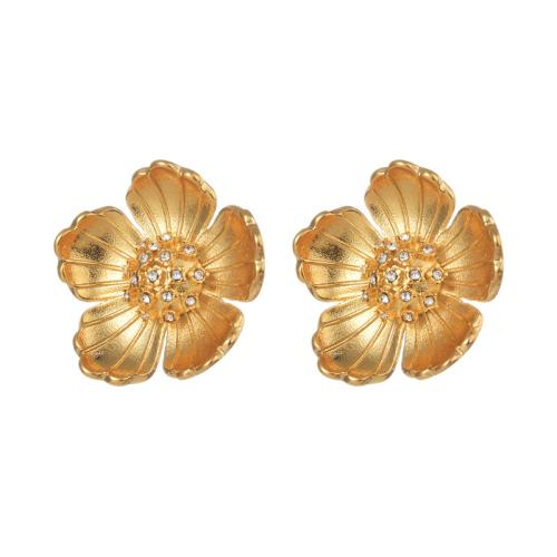 Boucle d'oreille de gaujon en acier inoxydable, Acier inoxydable 304, Pétales, Placage, pavé de micro zircon & pour femme, Or, Vendu par paire