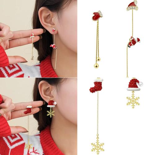 Christmas Earrings, Tibetan Style, with Plastic Pearl, plated, different styles for choice & micro pave cubic zirconia & for woman & enamel, gold, Sold By Pair