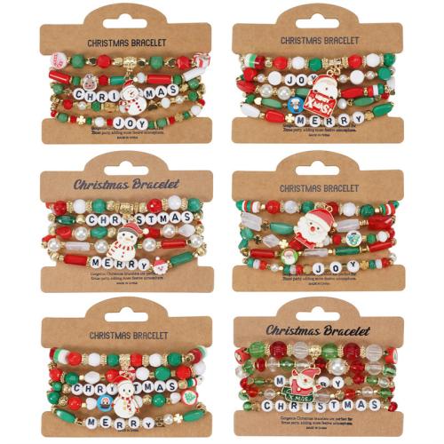 Christmas Holiday Bracelet, Tibetan Style, with Plastic & Plastic Pearl, plated, different styles for choice & for woman & enamel, multi-colored, Sold By Set