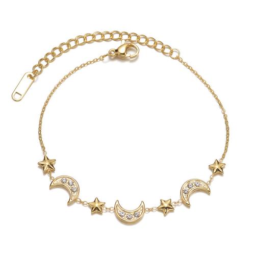 acero inoxidable 304 Pulsera, con 2.6inch extender cadena, Luna y estrella, chapado en color dorado, para mujer & con diamantes de imitación, longitud:aproximado 6.9 Inch, Vendido por UD