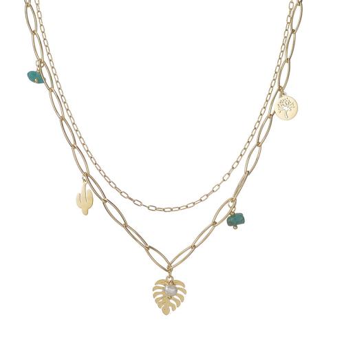 304 Stainless Steel Necklace, with Natural Stone & Plastic Pearl, Leaf, gold color plated, Double Layer & for woman, Sold By PC