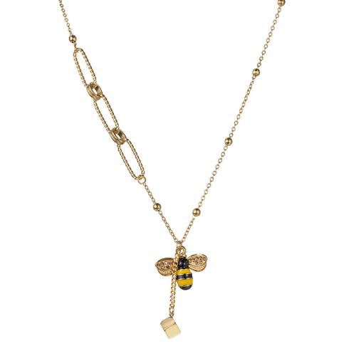 Titanium Steel Necklace, with 2.6inch extender chain, Bee, gold color plated, cross chain & for woman & enamel, Length:Approx 16.3 Inch, Sold By PC