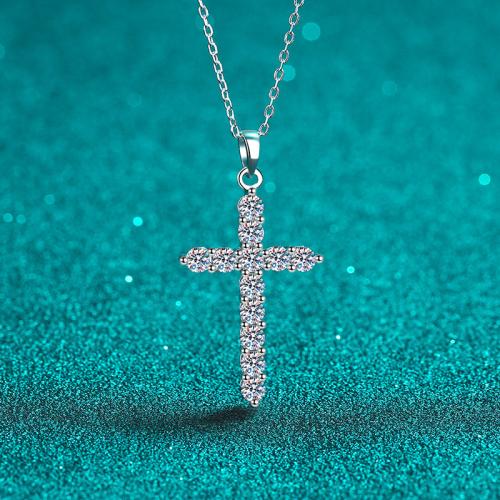 925 Sterling Silver Necklace, with Moissanite, Cross, cross chain & different size for choice & for woman, Length:Approx 18 Inch, Sold By PC