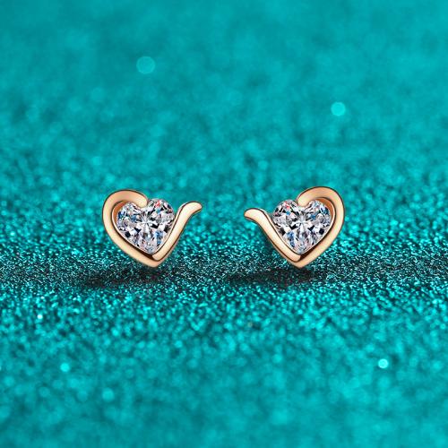 925 Sterling Silver Stud Earring, with Moissanite, Heart, Plating champagne gold, fashion jewelry & for woman, 7x5.50mm, Sold By Pair