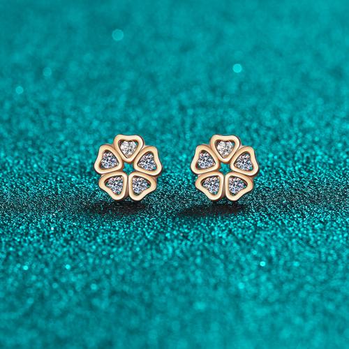 Argent sterling 925 boucle d oreille dormeuse, avec Moissanite, fleur, Placage de champagne d’or, bijoux de mode & pour femme, 7.80x7.80mm, Vendu par paire