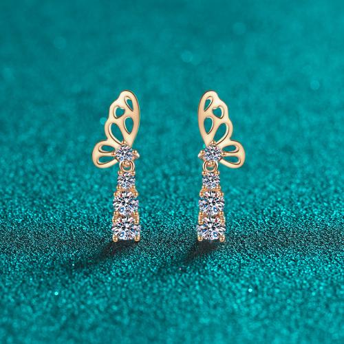 Plata de ley 925 Pendientes con Colgantes, con Moissanite, Mariposa, Plating champagne gold, Joyería & para mujer, 6.80x21mm, Vendido por Par