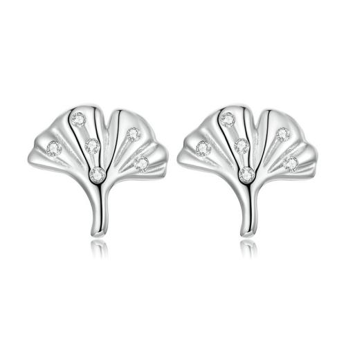 Cubic Zirconia Micro Pave Sterling Silver Earring, 925 Sterling Silver, Ginkgo Leaf, fashion jewelry & micro pave cubic zirconia & for woman, 9x9mm, Sold By Pair