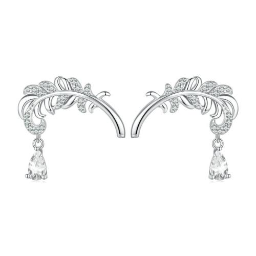 Pendientes de Micro Pavé de Zirconía Cúbica en Plata de Ley, Plata de ley 925, Pluma, Joyería & micro arcilla de zirconia cúbica & para mujer, 18x18mm, Vendido por Par