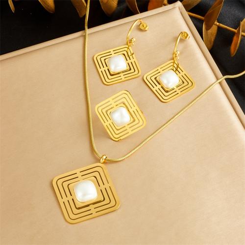 Fashion Stainless Steel Jewelry Sets, 304 Stainless Steel, with Plastic Pearl, with 6cm extender chain, different styles for choice & for woman & hollow, golden, Length:Approx 41 cm, Sold By PC