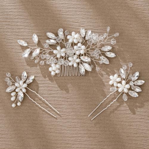 Brass Hair Jewelry Set, hair comb & hair stick, with Crystal & Plastic Pearl, three pieces & for woman & with rhinestone, more colors for choice, Sold By Set