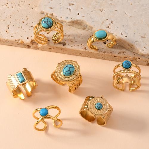 Stainless Steel Finger Ring, 304 Stainless Steel, with turquoise, 18K gold plated, fashion jewelry & Unisex & different styles for choice, golden, diameter 17mm, Sold By PC