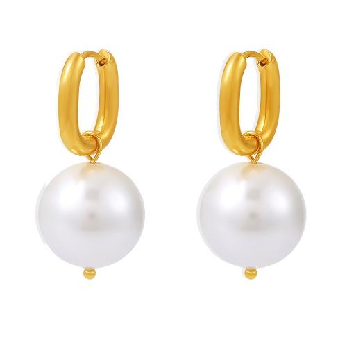 Stainless Steel Drop Earring, 304 Stainless Steel, with Plastic Pearl, fashion jewelry & for woman, golden, 16x34mm, Sold By Pair