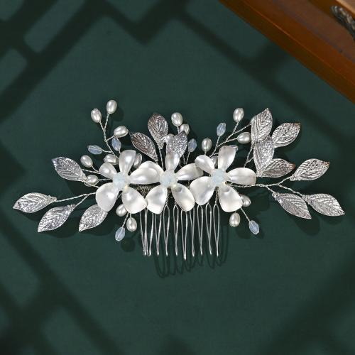 Decorative Hair Combs, Tibetan Style, with Plastic Pearl, Flower, silver color plated, for bridal, white, nickel, lead & cadmium free, Sold By PC