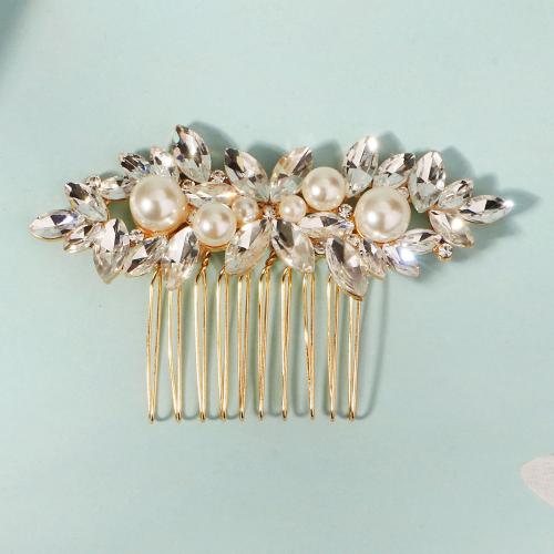 Decorative Hair Combs, Tibetan Style, with Plastic Pearl, Flower, gold color plated, for bridal & with rhinestone, nickel, lead & cadmium free, Sold By PC