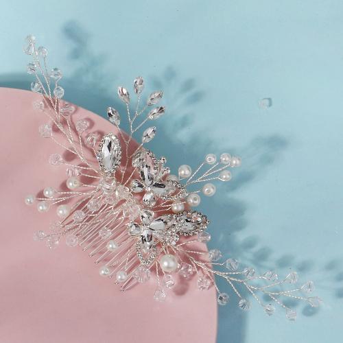 Decorative Hair Combs, Tibetan Style, with Plastic Pearl, Butterfly, silver color plated, for bridal & with rhinestone, nickel, lead & cadmium free, Sold By PC