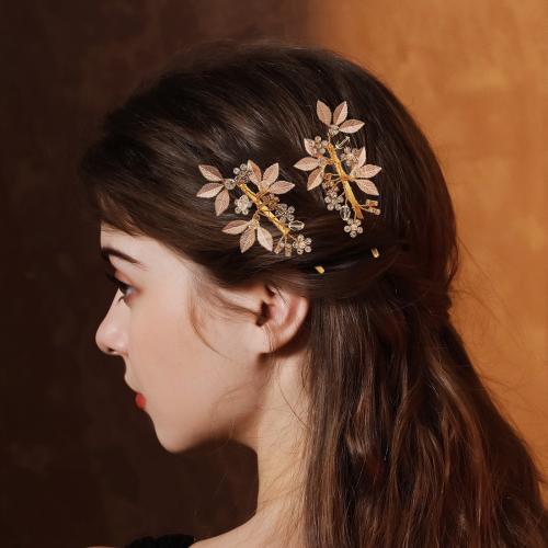 Hair Slide, Tibetan Style, Leaf, gold color plated, for bridal & with rhinestone, nickel, lead & cadmium free, Sold By PC