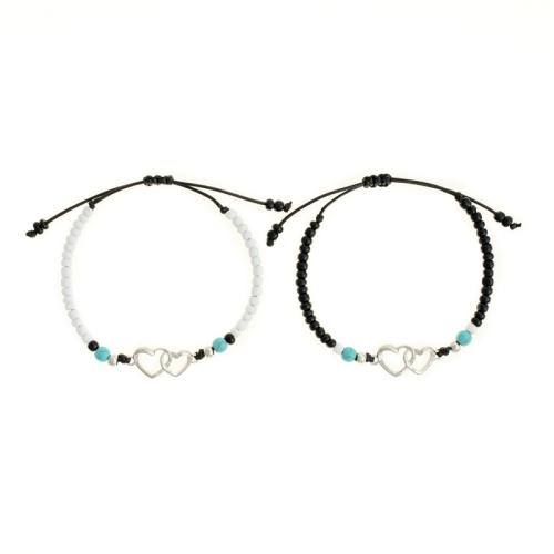 Bracelet de cheville en alliage de zinc, avec Seedbead & turquoise & corde de cire, avec 5cm chaînes de rallonge, 2 pièces & pour femme, blanc et noir, Longueur:Environ 18 cm, Vendu par fixé