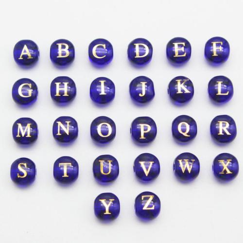 Perles en verre de mode, goutté d'époxy, lettres sont de A à Z & DIY & modèles différents pour le choix, couleur bleu foncé, 8mm, 5PC/sac, Vendu par sac