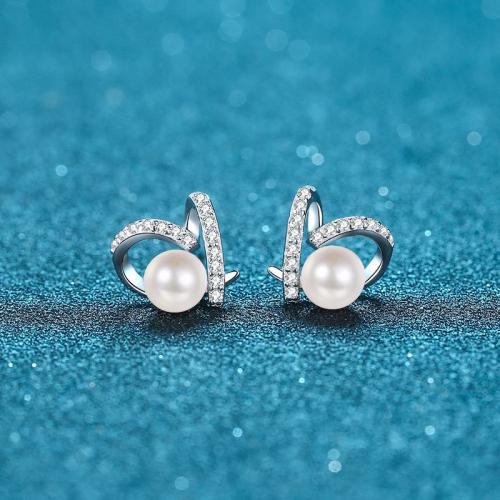 925 Sterling Silver Stud Earring, with Moissanite & Freshwater Pearl, Heart, for woman & hollow, earring length 10-15mm, Sold By Pair