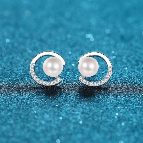 925 Sterling Silver Stud Earring, with Moissanite & Freshwater Pearl, for woman & hollow, earring length 10-15mm, Sold By Pair