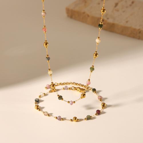 Natural Gemstone Jewelry Sets, Natural Stone, with 304 Stainless Steel, with 5,3cm extender chain, fashion jewelry & different styles for choice & for woman, golden, Length:Approx 40.5 cm, Approx 17 cm, Sold By PC