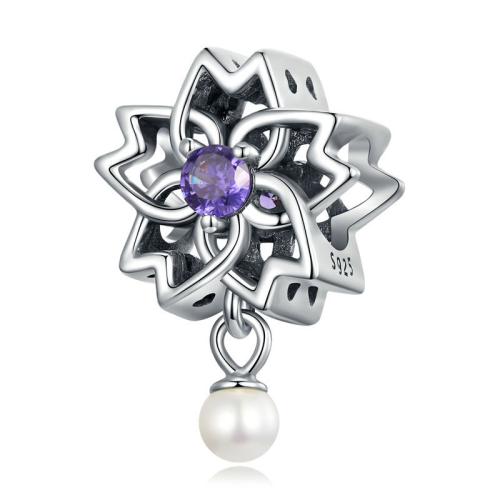 925 Sterling Silver European Beads, with Shell Pearl, DIY & micro pave cubic zirconia, 17x12mm, Hole:Approx 4.5mm, Sold By PC