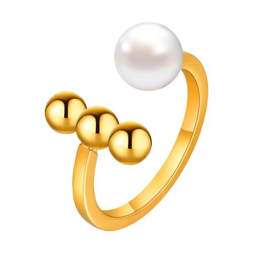 Stainless Steel Finger Ring, 304 Stainless Steel, with Plastic Pearl, fashion jewelry & different size for choice & for woman, golden, Sold By PC