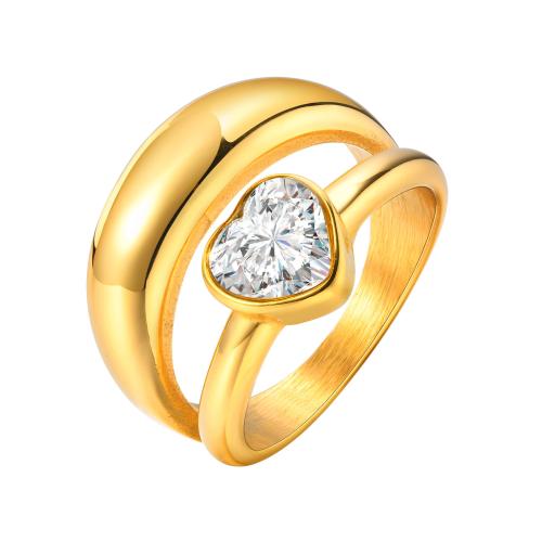 Cubic Zirconia Stainless Steel Finger Ring, 304 Stainless Steel, Heart, 18K gold plated, different size for choice & micro pave cubic zirconia & for woman, golden, Sold By PC