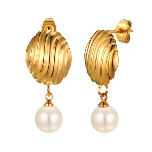 Stainless Steel Drop Earring, 304 Stainless Steel, with Plastic Pearl, fashion jewelry & for woman, golden, 13.10x29.50mm, Sold By Pair