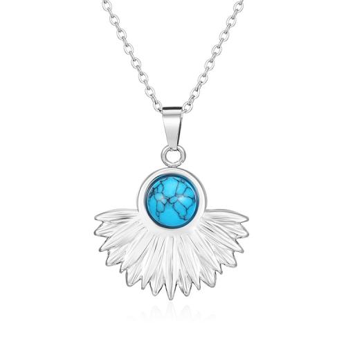 Stainless Steel Jewelry Necklace, 304 Stainless Steel, with turquoise, with 5cm extender chain, Fan, Vacuum Ion Plating, fashion jewelry & for woman, more colors for choice, 25x25.20mm, Length:Approx 43 cm, Sold By PC