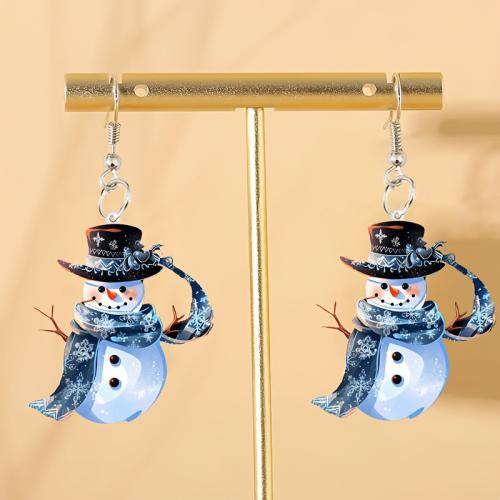 Christmas Earrings, Acrylic, Snowman, printing, Christmas Design & cute & for woman, blue, Sold By Pair