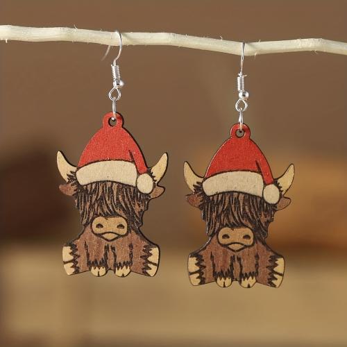 Christmas Earrings, Wood, Bull, printing, Christmas Design & cute & for woman, Sold By Pair