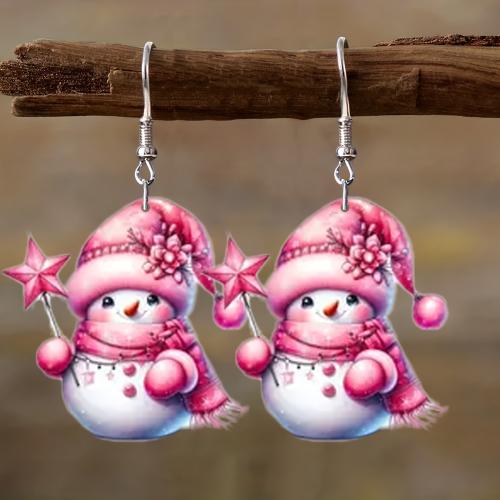 Christmas Earrings, Acrylic, Snowman, printing, Christmas Design & cute & for woman, pink, 6Pairs/Set, Sold By Set