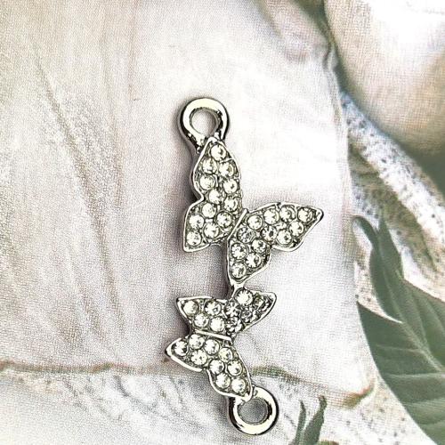 Animal Tibetan Style Connector, Butterfly, silver color plated, DIY & with rhinestone & 1/1 loop, 13x28mm, 100PCs/Bag, Sold By Bag