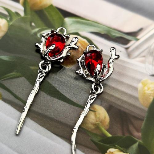 Tibetan Style Rhinestone Pendants, Rose, silver color plated, DIY & with rhinestone, red, 13x44mm, 100PCs/Bag, Sold By Bag