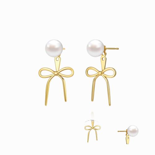 Brass Stud Earring, with Plastic Pearl, Bowknot, plated, Adjustable & for woman & hollow, more colors for choice, 26x10mm, Sold By Pair