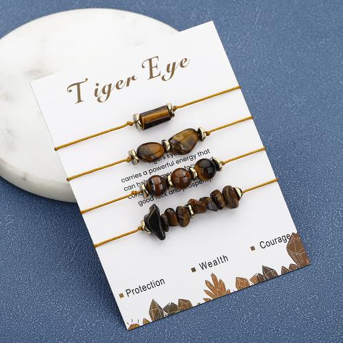 Bracelets naturelles Tiger Eye, oeil de tigre, avec Cordon de noeud, fait à la main, 4 pièces & bijoux de mode & pour femme, Jaune, Longueur:10.2 pouce, Vendu par fixé