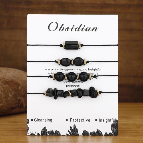 Gemstone Bracelets, Obsidian, with Knot Cord, handmade, 4 pieces & fashion jewelry & Unisex, black, Length:10.2 Inch, Sold By Set