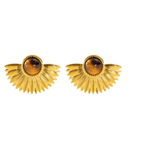 Boucle d'oreille Acier Titane, avec oeil de tigre, Placage, styles différents pour le choix & pour femme, Or, Vendu par paire