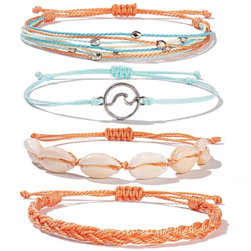 Fashion Create Wax Cord Bracelets, with Shell & 304 Stainless Steel, with 3CM extender chain, handmade, for woman, more colors for choice, Length:Approx 17 cm, Sold By Set