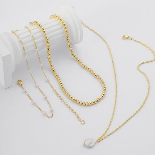 Circón cúbico Micro pavimentar collar de cobre amarillo, metal, con Nácar & Perlas plásticas, chapado, micro arcilla de zirconia cúbica & para mujer, dorado, longitud:aproximado 51-60 cm, Vendido por Set