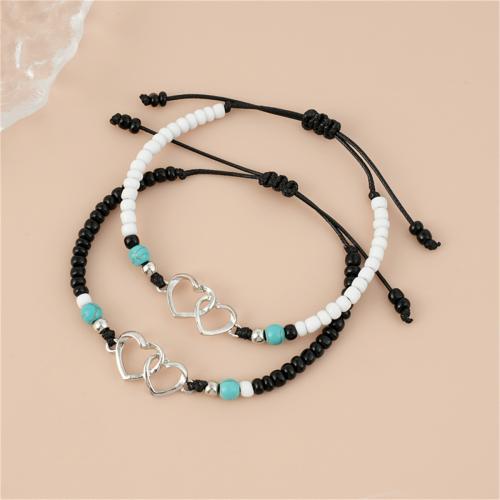 Couple Bracelet and Bangle, Tibetan Style, with Seedbead & turquoise & Wax Cord, 2 pieces & Unisex, white and black, Length:Approx 19-24 cm, Sold By Set