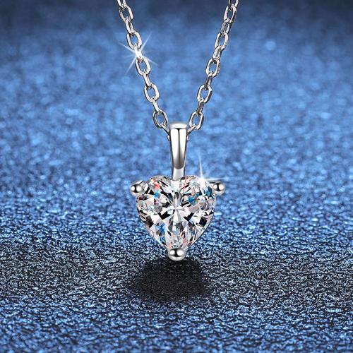 Argent sterling 925 collier, avec Moissanite, avec 2inch chaînes de rallonge, coeur, pour femme, Longueur:Environ 15.7 pouce, Vendu par PC