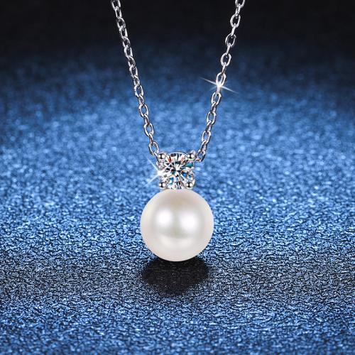 925 Sterling Silver Necklace, with Moissanite & Shell Pearl, with 2inch extender chain, cross chain & for woman, Length:Approx 15.7 Inch, Sold By PC