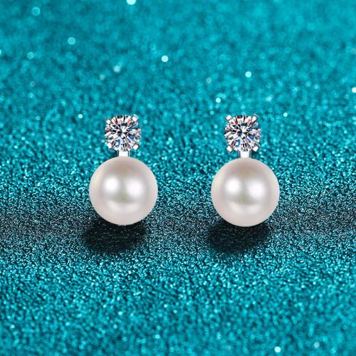 925 Sterling Silver Stud Earring, with Moissanite & Freshwater Pearl, different styles for choice & for woman, earring length 10-15mm, Sold By Pair